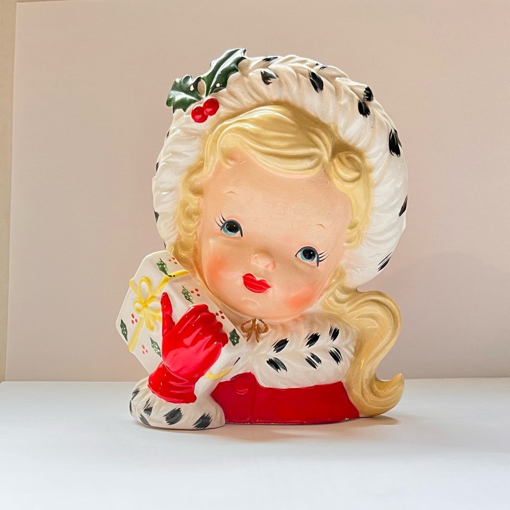 1956 Vintage Napco Christmas Head Vase Planter GIRL HOLDING GIFT #CX2348A